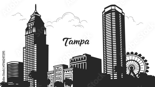 Tampa skyline vector with buildings and trees, suitable for cityscape enthusiasts in need of detailed silhouette illustrations.