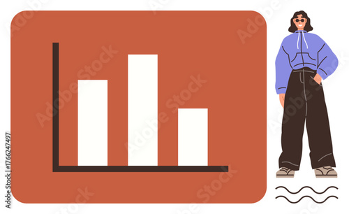Person in stylish casual clothes next to a basic bar graph on colored background with wavy lines. Ideal for fashion, data analysis, creativity, modern design, youth culture, lifestyle, simple flat