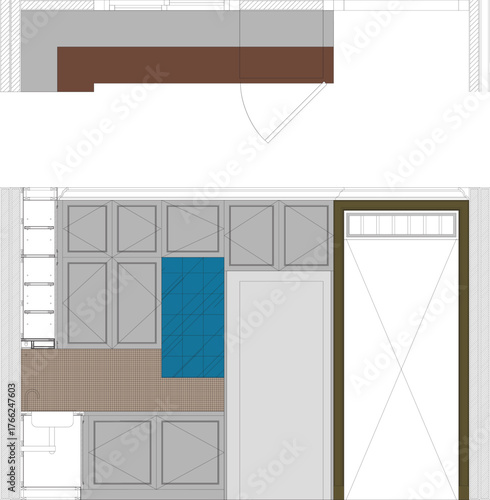 Interior Design Drawing of Small Pantry with Coffee Cabinet, Sink, Refrigerator, and Hanging Cabinets — Beautifully Colored Built-in Design