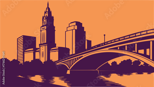 Columbus and cleveland skylines vector art with bridge over water. Great for travel websites, city guides, and local business promotions.