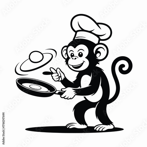 Cheerful monkey chef cooks fried egg in pan cooking frying