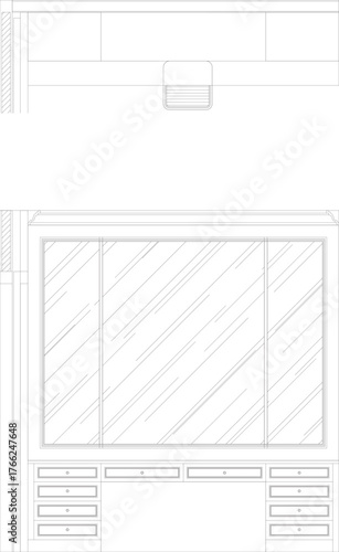 Interior Design Drawing of Built-in Dressing Table with Large Mirror and Multiple Drawers — Perfectly Designed for Spacious Walk-in Closet and Luxury Residences