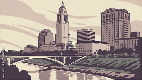 Columbus skyline vector art showcasing cleveland, oh cityscape and cuyahoga river, perfect for travel brochures, city maps, and posters.