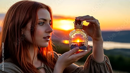 Young woman holding a decorative bottle with sunset reflections, surrounded by a scenic landscape