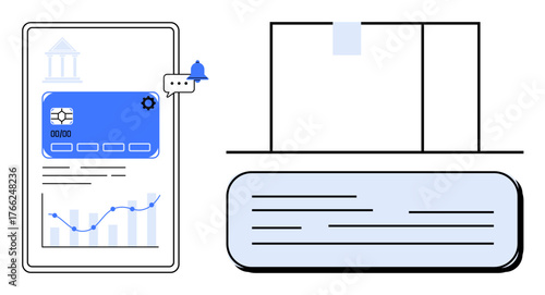 Mobile app screen with financial graph, notification icon, and banking elements. Ideal for finance, analytics, banking, business tools, payments fintech reminders. A simple flat metaphor