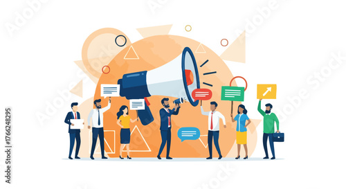 A diverse group of business professionals are gathered, using megaphones and signs to promote marketing and advertising ideas against a vibrant, abstract background.