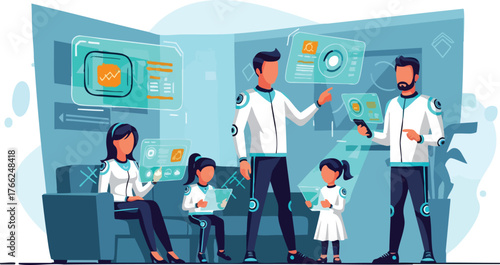 A futuristic family interacts with augmented reality interfaces in a modern, blue-toned living room, showcasing technological advancements and smart home concepts.
