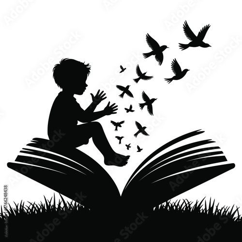 Child reading book releasing birds into sky silhouette open book