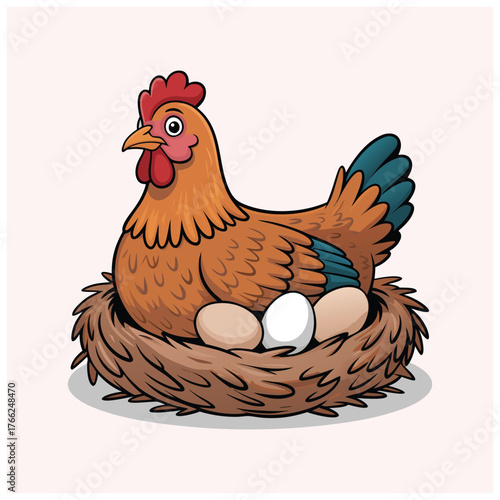 Nesting hen sitting on egg Cartoon mascot flat vector illustration