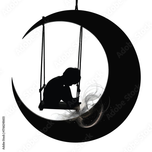 Child silhouette on crescent moon swing with ethereal wisps black