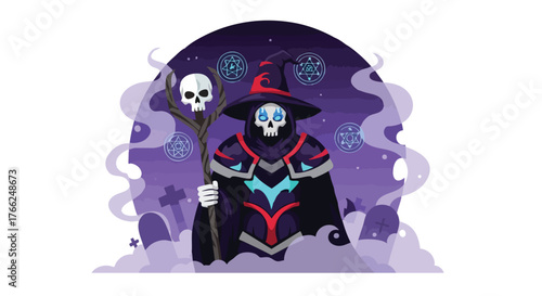 An illustrated Grim Reaper character, adorned in a witch's hat and cloak, stands in a spooky graveyard setting with fog and mystical symbols, perfect for Halloween designs.