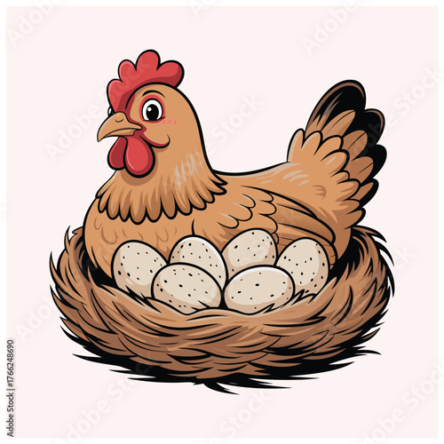 Nesting hen sitting on egg Cartoon mascot flat vector illustration