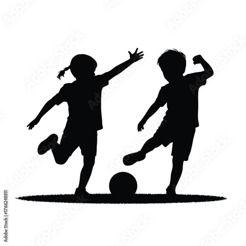 Children playing soccer kicking ball black silhouette vector