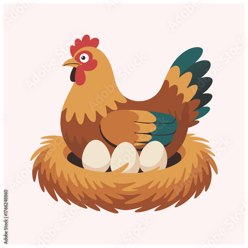 Nesting hen sitting on egg Cartoon mascot flat vector illustration
