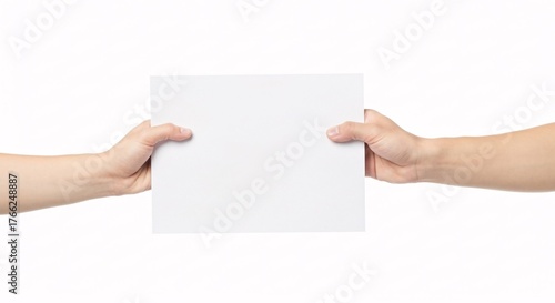 Illustration of two hands holding blank paper sheet isolated on white background for message