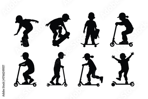 Children skateboarding and scootering silhouettes kids