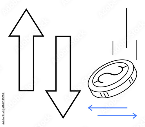 Arrows pointing up and down paired with falling coin and blue directional lines. Ideal for finance, stock market, economic trends, investments, profitability, risk, simple flat metaphor