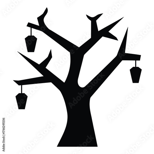 Silhouette of a spooky bare tree with dangling lanterns casting an eerie glow