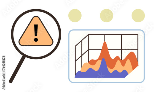 Magnifying glass focusing on warning sign near a colorful fluctuating graph. Ideal for data analysis, risk management, problem detection, business insights, analytics reports, decision-making, simple