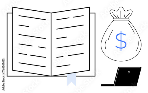 Open book with bookmark, dollar-marked money bag, and laptop symbolize education, financial literacy, digital work, and e-learning. Ideal for learning, investment, saving research career growth
