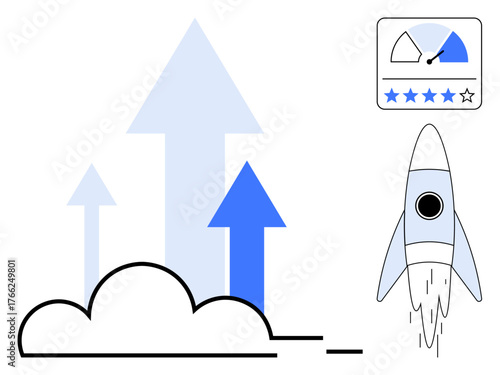 Rocket launching beside arrows rising from clouds, representing progress and success. Performance rating displayed beside speed gauge. Ideal for innovation, growth, achievement, performance