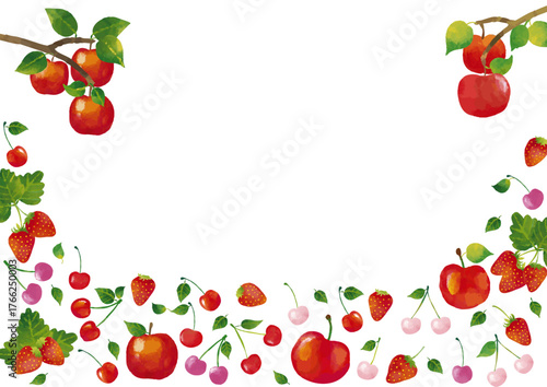 水彩風 かわいい果物（サクランボ・イチゴ・リンゴ）のフレーム Cute Fruit Series:Watercolor style cute fruit (cherries, strawberries, apples) frame
