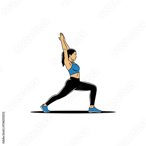 A woman in athletic wear performs a warrior yoga pose, arms raised overhead, on a black mat.