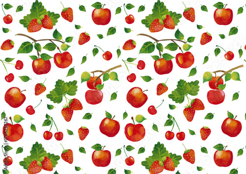 水彩風 かわいい果物（サクランボ・イチゴ・リンゴ）のパターン2 Cute Fruit Series:Watercolor style cute fruit (cherries, strawberries, apples) pattern