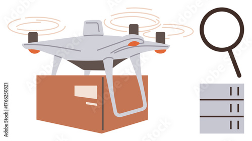 quadcopter carrying package, magnifying glass, and data storage icons reflecting delivery, innovation, and analytics. Ideal for technology, logistics, ecommerce, surveillance research data