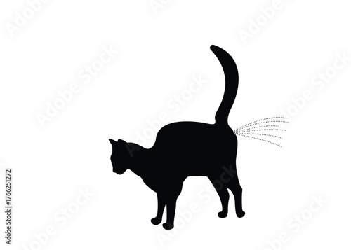 Cat silhouette peeing to mark territory, isolated background, vector illustration.