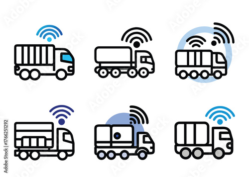 Connected Vehicle Icons Depicting Internet of Things Transportation Solutions in Outlined Style
