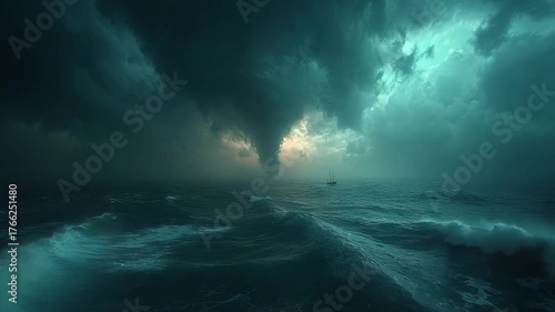 Stormy sea with a tornado and a distant boat