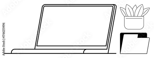 Open laptop with plant and folder symbolizing modern workspace. Ideal for productivity, remote work, creativity, organization, business, learning, clean design. Simple flat metaphor