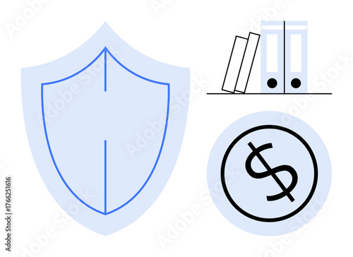 Shield representing security, organized binder files, and a dollar coin signifying finance. Ideal for insurance, financial safety, data organization, saving, accounting, risk management simple flat
