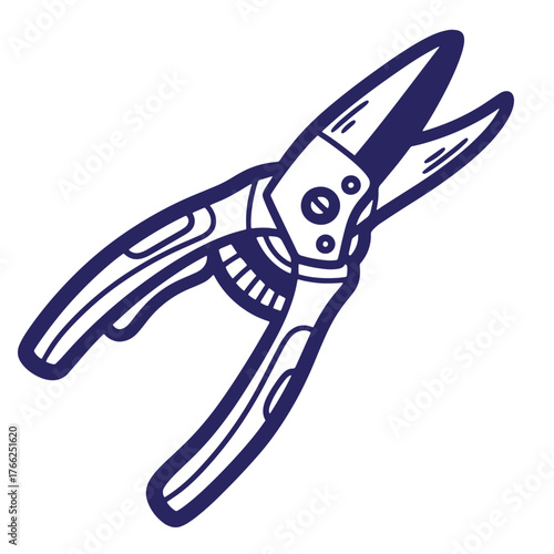 Detailed vector illustration of garden shears open for trimming flowers and bushes in outline style