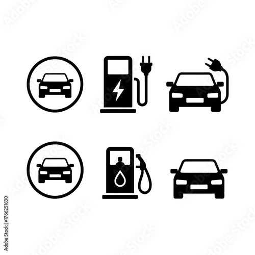 Icons representing electric and gasoline cars and charging stations