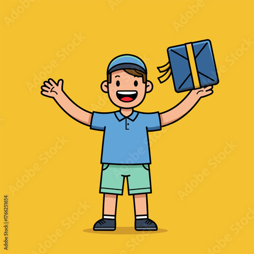 Business cartoon vector illustration of a smiling man, boy, and worker with laptops and suitcases, representing people and characters in the office