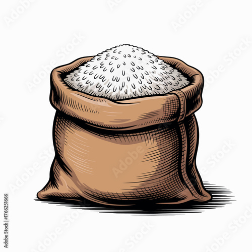 Illustration of a burlap sack filled with white rice on a white background