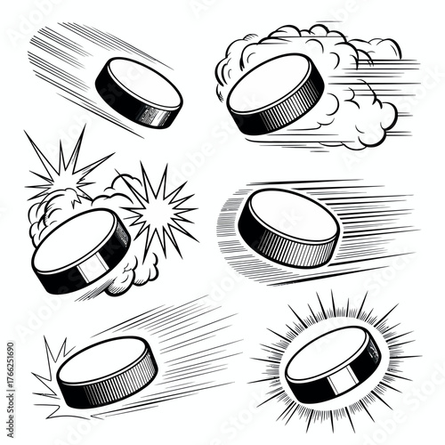 Collection of dynamic hockey puck illustrations in motion