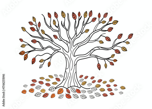 Artistic Autumn Tree Illustration with Falling Leaves and Bare Branches on a White Background Depicting Seasonal Change and Nature