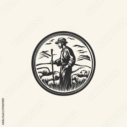 Vintage woodcut style logo of a shepherd with sheep in a circle frame