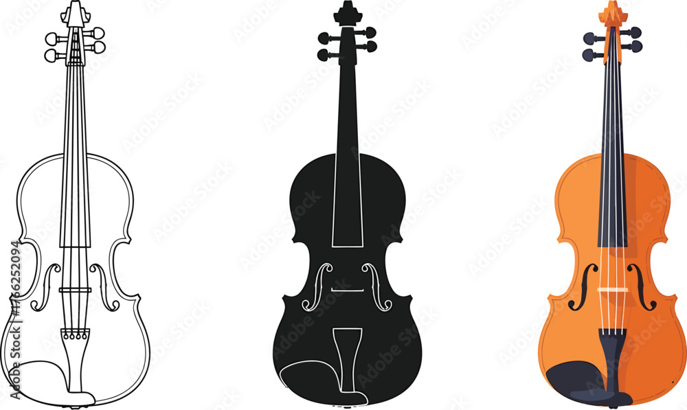Fototapeta premium Violin Vector Illustration Set Three Different Styles For Musical Projects