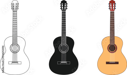 Acoustic Guitar Illustration in Three Variations Line Art Silhouette Color