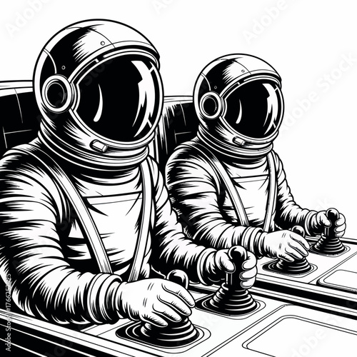 Two astronauts in a spacecraft cockpit operating controls