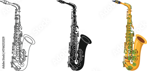 Elegant Saxophone Musical Instrument Vector Illustration in Three Different Styles