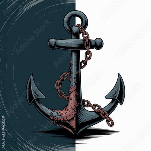 Nautical anchor with rusty chain against dark and light background