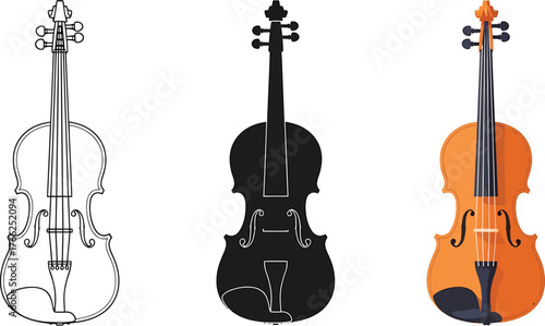 Violin Vector Illustration Set Three Different Styles For Musical Projects
