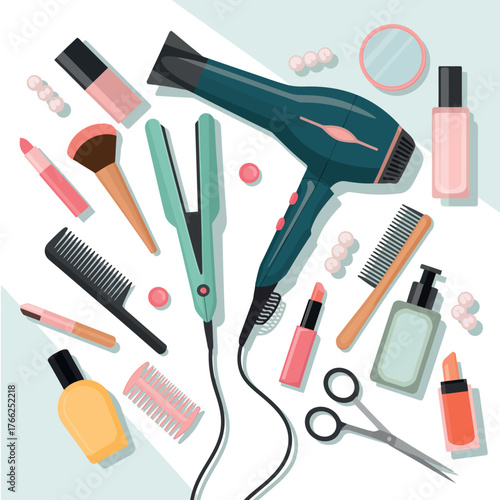 Collection of hair styling and makeup beauty products arranged artistically