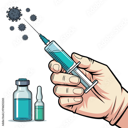 Hand holding syringe with vaccine targeting virus particles