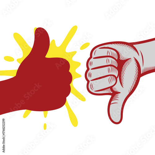Red thumbs up symbol contrasting with white thumbs down hand gesture